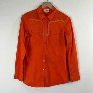 Ariat Embroidered Orange Western Metal Snap Button Up Long SLeeve Top Size M